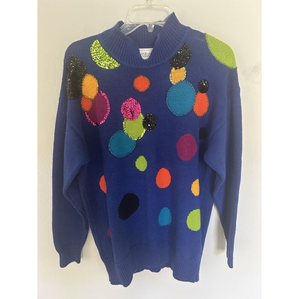Santoria Blue Vintage 90s Funky Artsy Rainbow Spots Sweater Size Medium Unique
